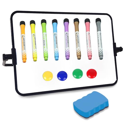 Small Dry Erase White Board,Dry Erase Mini Whiteboard A4,21 X 30 Cm Double Sided Magnetic Desktop White Board with Stand,8 Pens, Eraser,4 Magnet for Kids Students School Supplies Office