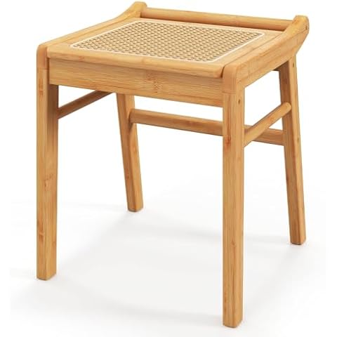 COSTWAY Bamboo Vanity Stool with Rattan Top Cover