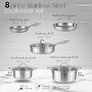 Set di pentole e padelle in acciaio inox, 8 pezzi, con coperchi in vetro, set di pentole per piano cottura a induzione, pentole e padelle Nuovva