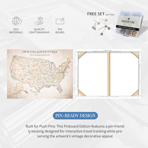 Image of IPIC - Vintage USA Map Pin Board Canvas Wall Art, Travel Map with Pins Included, Ready to Hang for Home or Office 40x30 Inch