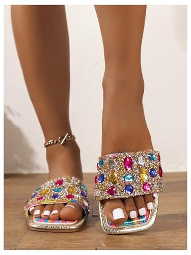 GORGLITTER Women's Rhinestone Marble Sandals Square Open Toe Glamorous Single Band Flats3