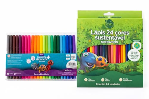 Kit Escolar Criativo 24 Cores – Canetinha + Lápis de Cor Sustentável Sextavado | Não Tóxico | Cores Vivas