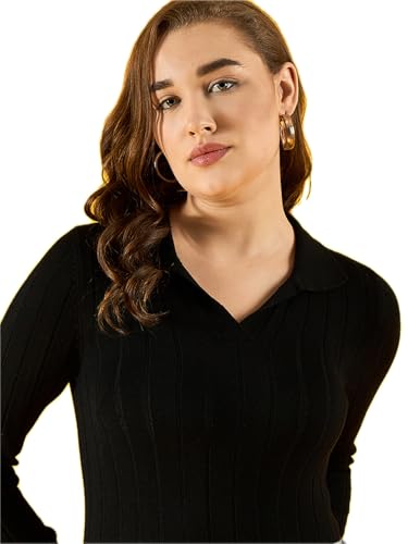 Image of 98 Degree Women Pure Cotton Collar Neck Sweater Has A Full Sleeve & Straight Hem-AW25AZG1154-BLACK