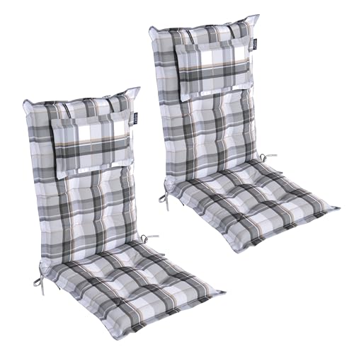 LILENO HOME Gartenstuhl Auflagen als [2er Set - Hochlehner] in Karo Grau Y - Bequeme Liegen als Sitzauflagen für Gartenmöbel - Stuhlkissen für Gartenstühle und Klappstühle MAR