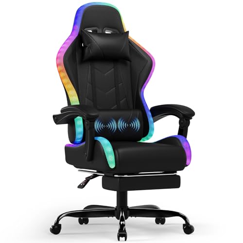 TRIUMPHKEY Silla de Juegos con Luz RGB LED de Estilo Gaming, 366 Modos de Efecto de Luz, Tela PU Resistente a la Suciedad, Reposabrazos Sincronizados, Almohada Lumbar de Masaje USB (Negro)
