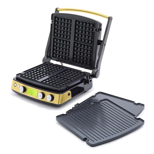 Image of GreenPan Elite 7-in-1 Multi-Function Contact Grill & Griddle, Healthy Ceramic Nonstick Aluminum, Grill & Waffle Plates, Adjustable Shade & Shear, Closed Press/Open Flat Surface, PFAS-Free, Gold