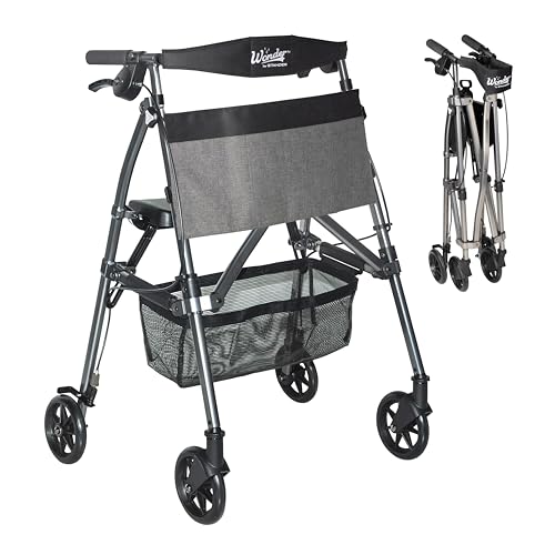 Stander Wonder Rollator Plus, Lightweight Folding Mobility Rolling-Walker, EZ Fold-N-Go-Rollator for Seniors and Adults, 6-inch Wheels, Locking Brakes and Padded Seat with Backrest, Black Walnut