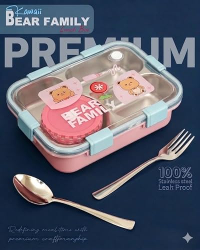Image of KAVANA Lunch Box 3 Compartment Leak-Proof BPA Free Stainless Steel, Lunch Box for Kids, Lunch Box for School & Office with a Fork, a Spoon (Blue), 750 ml (Pink)