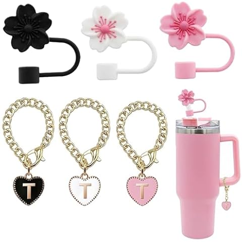 Fxkoolr 3 Pcs Straw Covers for Stanley Cup 30&40 Oz 3 Pieces Name ID Letter Handle Charms, 0.4in/10mm Flower Silicone Straw Cover Cap, Dust-Proof Reusable Straw Topper (T) Cover