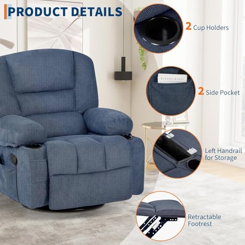 Image of Oversized Manual Swivel Recliner Chair for Adults, 360 Swivel Rocker Glider with Vibration Massage & Heat, Extra Wide Chenille Fabric Lazy Chair for Living Room Bedroom, Blue Chenille