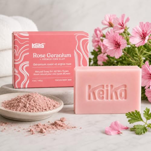 Image of Keika Rose Geranium Soap Bar with French Pink Clay for Face & Body, Natural Balancing Spa Bath & Shower Cleanser, 5 oz.