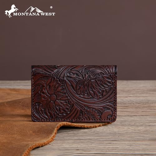 × Wrangler Card Case Wallet for Men Women Business Card Holder Leather Front Pocket Embossed Social Security Card Protector, Coffee4
