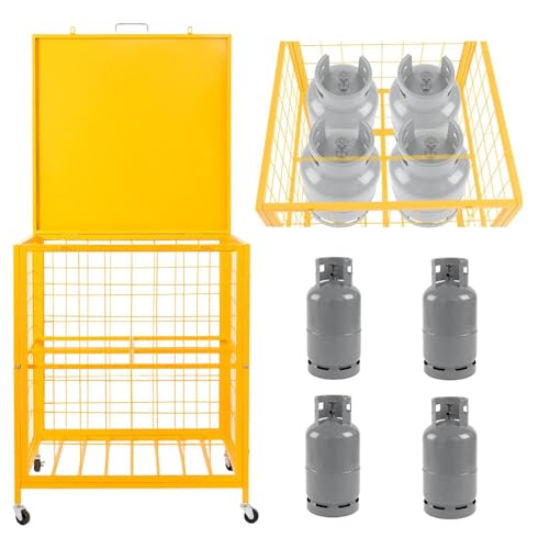 4-Tank Vertical Propane Storage Cage Heavy Duty 0.02 Steel with Yellow Powder Coating Expanded Mesh Ventilation Lockable Latch & 360 Swivel Brake Casters