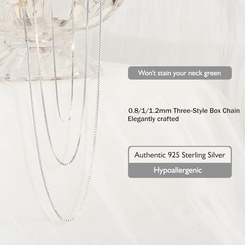 Italian 1.2/1/0.8mm 925 Sterling Silver Chain for Women, Solid Box Cable Rope Station Necklace Chains, Nickel-Free & Hypoallergenic, Thin & Dainty & Sturdy, Perfect for Pendants & Everyday Jewelry2