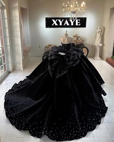 XYAYE Sparkly Velvet Quinceanera Dresses with Bow Strapless Crystal Sweet 16 Dress Puffy Layered Ball Gown4