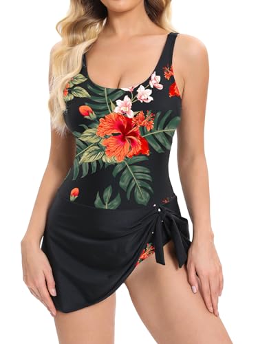 NATUST Damen Einteiliger Badeanzug Irregulär Schlitz Badekleid Gepolstert Ruched Badeanzug Bauchweg Schwimmkleid Blume M