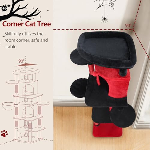Image of Globlazer Gothic Corner Cat Tree Tower for Large Cat, 66inch Tall Large Goth Cat Tree for Multiple Indoor Cats with 6 Scratching Posts, 2 Spacious Condos, Soft Hammock, Hanging Basket, C66, Red Black