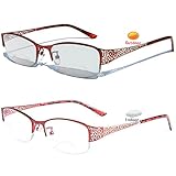laureles Fashion Photochromic Bifocal Reading Glasses Women's Sun Glasses Transition Metal Frame Red Presbyopia Female (Red, 0.00/+2.50 Magnification)