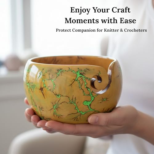 Image of Lichtenberg Figure Yarn Bowl - Handmade Wooden Yarn Bowl for Knitting Yarn Ball Holder - Yarn Bowls with Holes Crochet Bowl Holder - Yarn Storage Bowl 7 inch x 4 inch inches (Green-B)