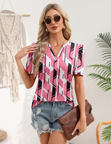 Image of Zeagoo Women Blouses Puff Short Sleeve Tops V Neck Dressy Casual Spring Shirts Boho Floral Cute Clothes 2026