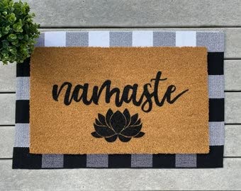 Namaste Doormat, Welcome Coir Door Mat, Yogi Yoga Birthday Gift, Housewarming Gift, Lotus, Floral, Good Vibes, Peace