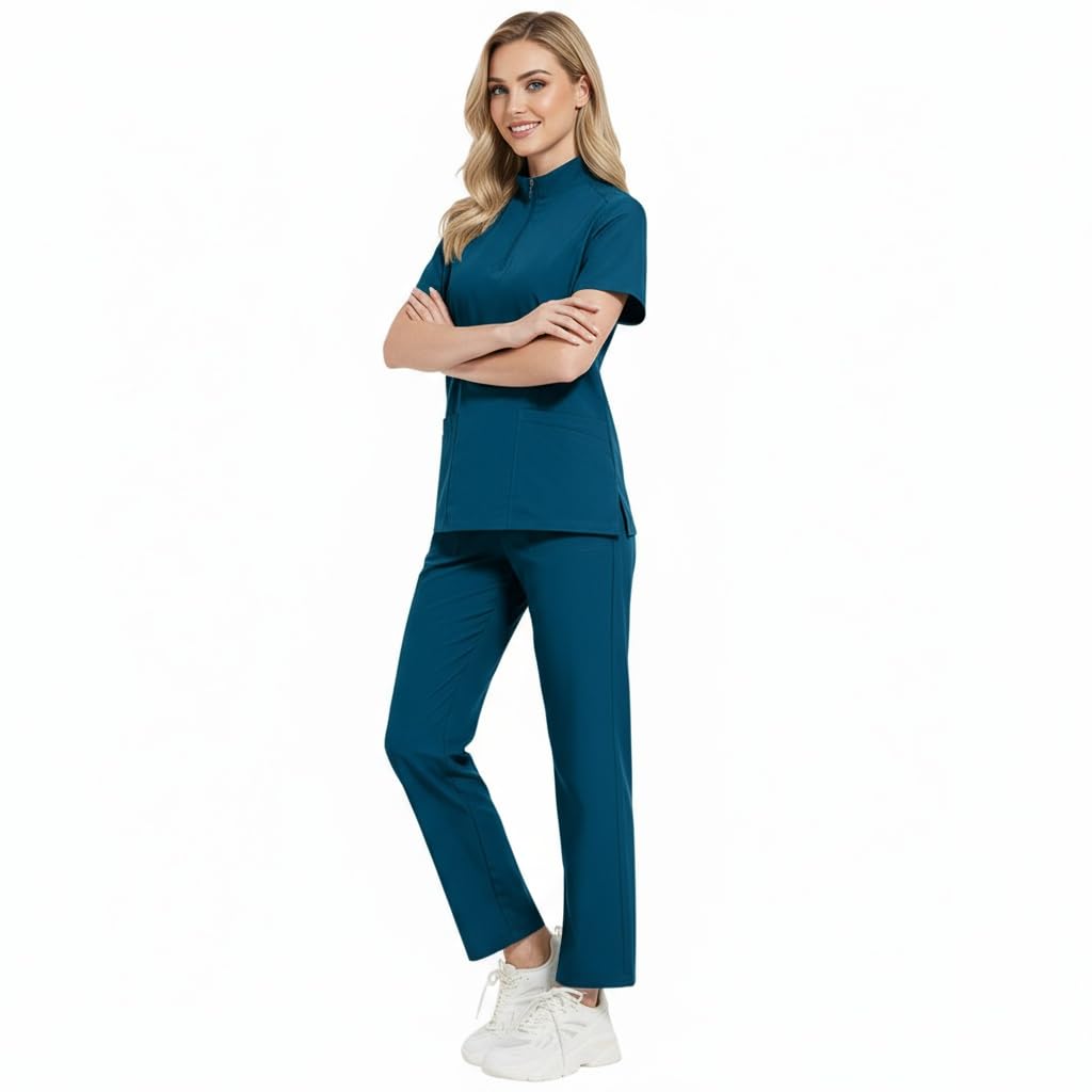 Set di scrub da donna con colletto in piedi e cerniera superiore con quattro tasche elasticizzati pantaloni da yoga per assistenza medica uniforme da lavoro salone di bellezza DK50