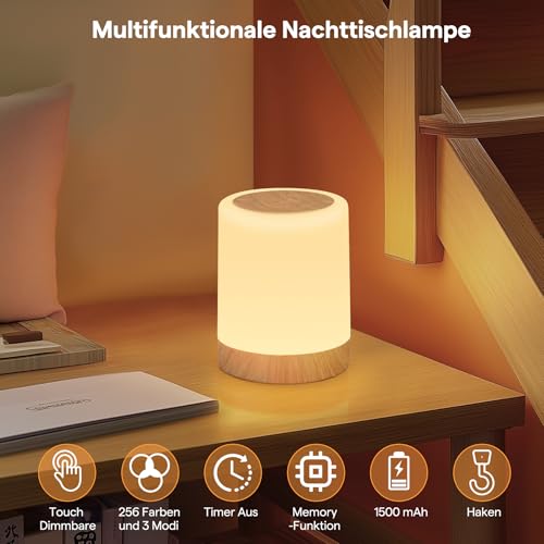 Bonsery Nachttischlampe Touch Dimmbar 256 Farben & 3 Modi, Stilllicht ohne Kabel mit Timing & Memory, LED Touch Lampe Nachtlampe USB Aufladbar mit Hook für Wohnzimmer Kinderzimmer Camping