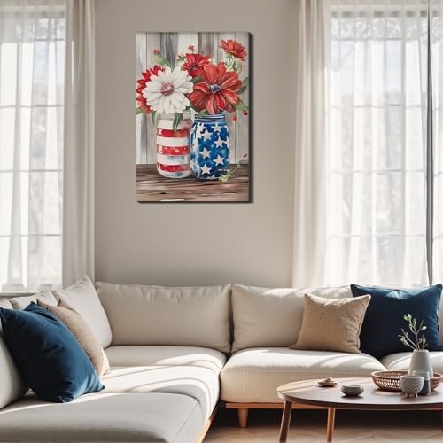 Image of Framed American Flag Mason Jar Flower Wall Art, Patriotic Farmhouse Canvas Art Pictures, USA Flag Wall Decor, Made in USA Ready to Hang for Kitchen Living Room