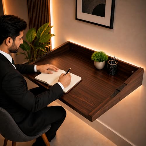 Image of Wall Mounted Folding Study Table (Not Engineered Wood) Walnut Wooden Table with Storage | Foldable Table for Home Office, Students, Laptop, Adults, Kids (Water & Termite Resistant)