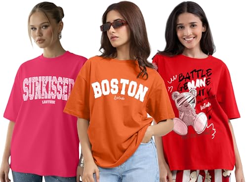 Image of LEOTUDE Womens Oversized Round Neck Cottonblend Half Sleeve T-Shirts (Colour: Multicolor)