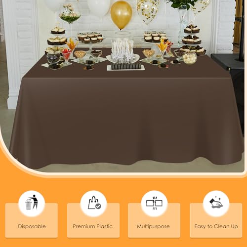 Image of tujol Brown Disposable Plastic Table Cloth Roll 54 inch X 100', Plastic Table Cover with Cutter Box, Cut to Size Disposable Tablecloth for Parties