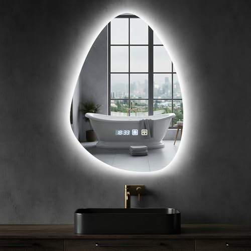 Worshow Espejo Baño con Luz 50 x 70 cm, Espejo LED baño Regulable en Forma de Lágrima con Función Antivaho, 3 Temperaturas de Color, Ajustes de Tiempo, Función de Memoria, Sensor Táctil