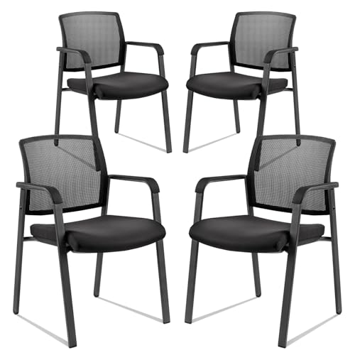 Image of CLATINA Guest Reception Stacking Office Chairs with Arm, Mesh Back Waiting Room Chair with Upholstered Fabric Seat and Ergonomic Lumbar Support for Office Conference School Church, Black-4 Pack