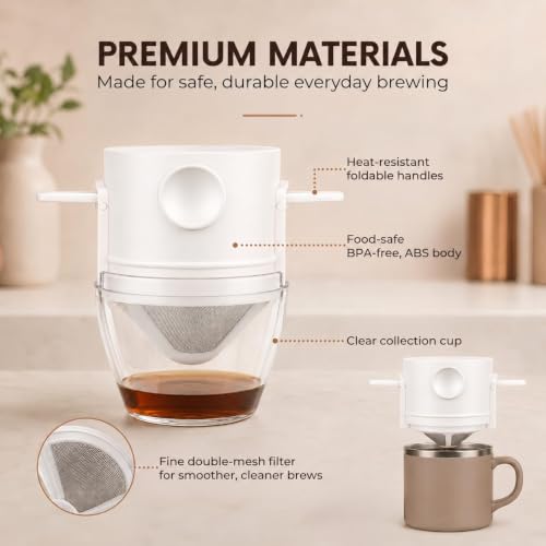 Image of Portable Coffee Dripper Filter, Reusable Paperless Pour Over Coffee Maker with Stainless Steel Mesh, Built-in Holder, No Drip Design for Travel Cups & Mugs (White)