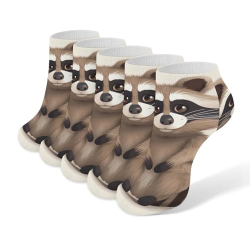 Raccoon Ankle Socks 5 Pairs Low Cut Non Slip No Show Socks Comfortable Athletic Socks for Women Men