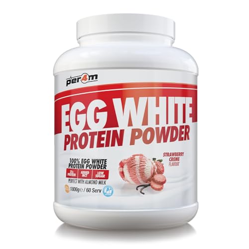 Per4m 100% Pure Free Range Egg White Protein Powder | High Protein Shake with Added MCTs | Gut Friendly, Lactose-Free & Essential Amino Acids (1.8kg, Strawberry Creme)