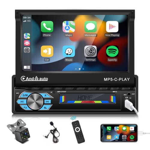 Podofo 1 DIN Radio Coche Carplay Bluetooth Coche con Pantalla Retráctil Mirror Link cámara de Marcha atrás con Pantalla Extensible Motorizada FM y Entrada Mic AUX USB SD DVR Botón de 7 Colores