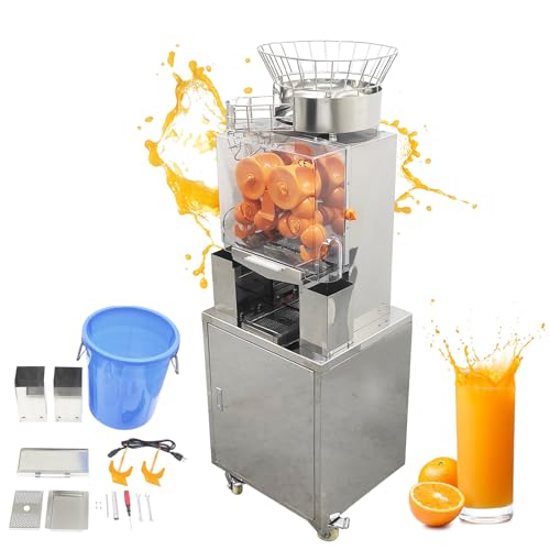 TECHTONGDA Commercial Orange Juicer Machine, Orange Squeezer for 20 per Minute, 110V Automatic Juice Extractor with Peel Collecting Buckets PC Cover and Filter Box, 1.57-3.15in Feed Port