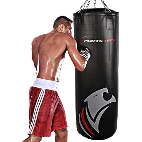 Sportstech Premium Kampfsport Boxsack mit Innovativer 5-Punkte-Stahlkette |Eigenentwickelter Haken + doppelverstärktes Boxsack-Set inkl Poster für Boxen mit Boxhandschuhen als Punchingsack Training Cover