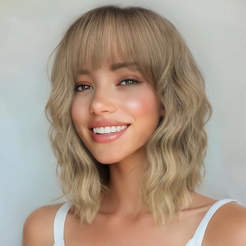 Nnzes Short Wavy Bob Wig with Bangs for Women Shoulder Length Curly Ombre Blonde Synthetic Heat-Resistant Fiber Hair for Daily &amp; Party Use