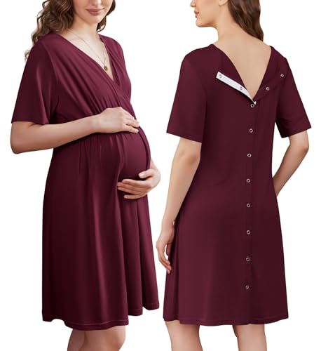 Image of Ekouaer Labor and Delivery Gown for Hospital Short Sleeve Maternity Nursing Dress Nightgown with Button S-XXL