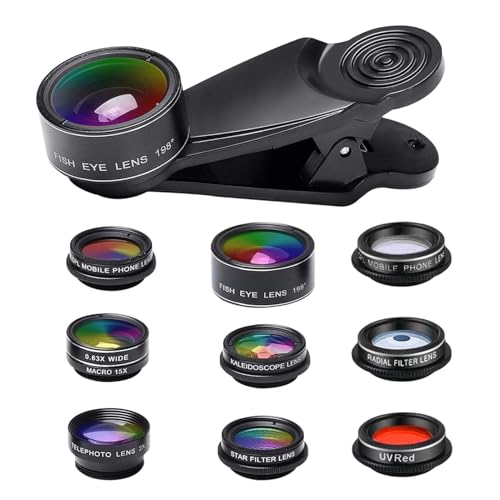 Set di obiettivi per telefono cellulare 10 in 1 con clip macro 20 x 15 X grandangolare 198° Fisheye