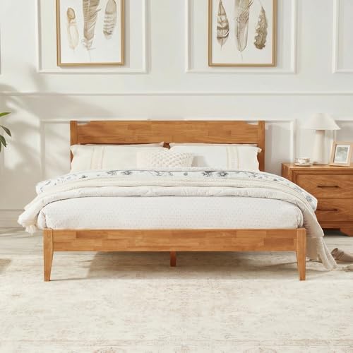 Image of Softa Venso King Solid Wood Bed Frame with Headboard, 1100 Lbs Heavy Duty Rubberwood Platform Bed, 15-Min Tool-Free Assembly, Quiet Stable Support, Japanese Japandi Design, No Box Spring Needed