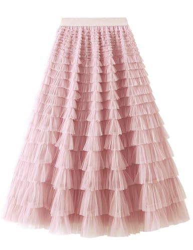 Image of Flygo Women Long Maxi Tiered Tulle Skirts A Line Ruffle Layered Fairy Skirt