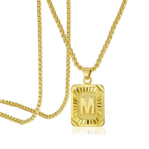 RINHOO FRIENDSHIP Initial Pendant Necklace Womens Mens A-Z 26 Letters 14K Gold Plated Square Pendant Necklace with Gift Box (Initial Necklace M)