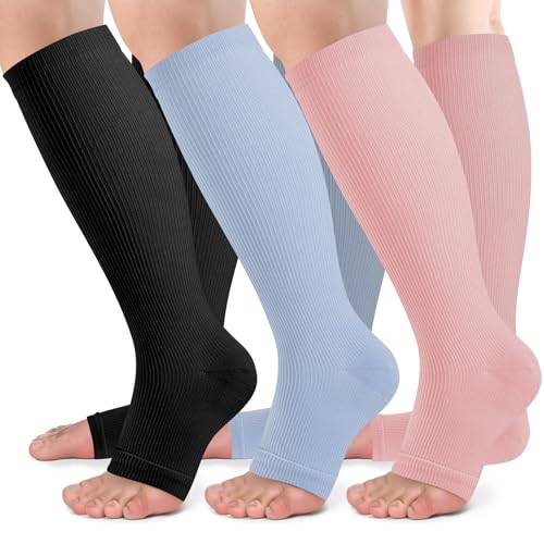 Image of bropite 3 Pairs Open Toe Compression Socks for Women, Support for Travel | Graduated 15-20 mmHg compression circulation,reduces swelling.3 pairs open toe design for travel,nurses,pregnancy comfort