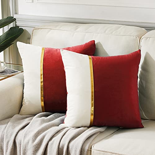 Image of Fancy Homi 2 Packs Christmas Red Throw Pillow Covers 18x18 Inch for Living Room Couch Bed, Red and White Velvet Patchwork with Gold Leather, Christmas Home Decor, Square Cushion Case 45x45 cm