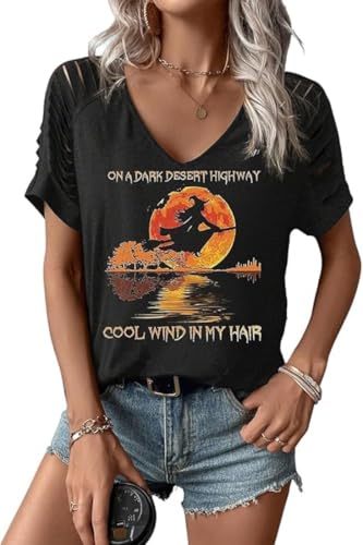 Women's On a Dark Desert Highway Cool Wind in My Hair Halloween V Neck Shirt Funny Sunset Sanderson Sisters Cut Out Cold Shoulder Sleeve Tee(XXL,A-Black)