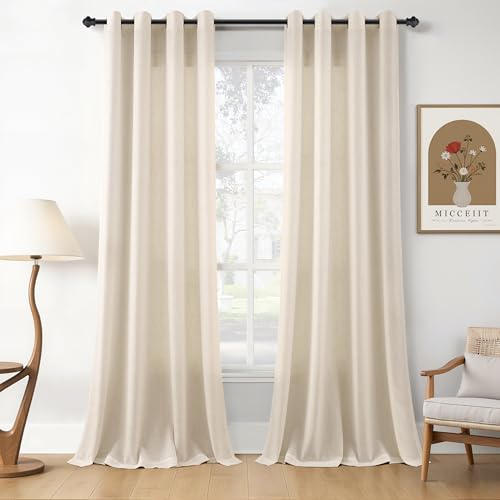 Image of Cream Beige Linen Curtains 90 Inches Length for Living Room Grommet Top Sheer Light Filtering Natural Country Rustic Farmhouse Bedroom Window Curtain 2 Panels Soft Textured Drapes for Office 52x90