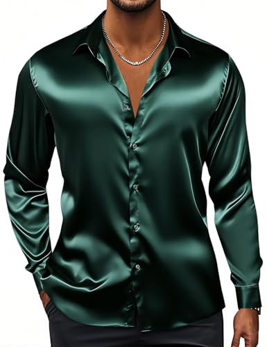 Image of Hi-Tie Men's Silk Satin Dress Shirts Long Sleeve Shiny Casual Button Up Shirts Luxury Party Disco Prom Wedding Shirt
